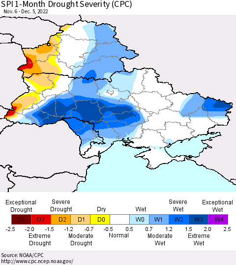 Ukraine, Moldova and Belarus SPI 1-Month Drought Severity (CPC) Thematic Map For 11/6/2022 - 12/5/2022