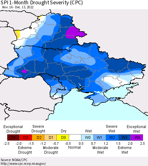 Ukraine, Moldova and Belarus SPI 1-Month Drought Severity (CPC) Thematic Map For 11/16/2022 - 12/15/2022