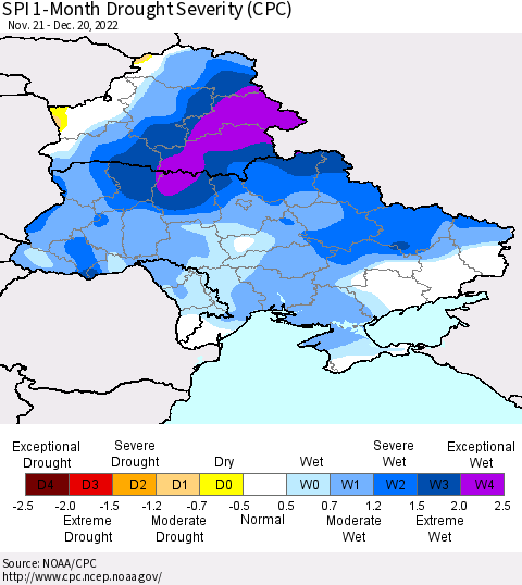 Ukraine, Moldova and Belarus SPI 1-Month Drought Severity (CPC) Thematic Map For 11/21/2022 - 12/20/2022