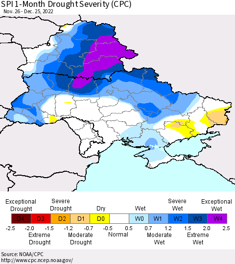 Ukraine, Moldova and Belarus SPI 1-Month Drought Severity (CPC) Thematic Map For 11/26/2022 - 12/25/2022