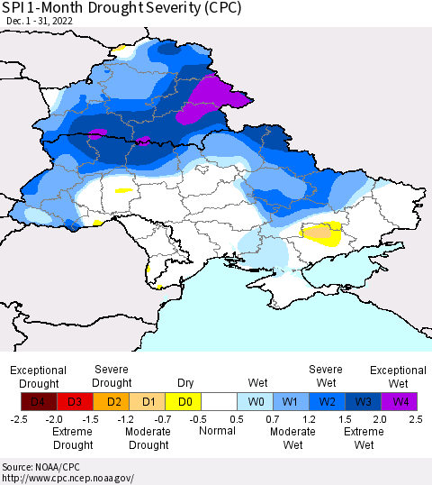 Ukraine, Moldova and Belarus SPI 1-Month Drought Severity (CPC) Thematic Map For 12/1/2022 - 12/31/2022