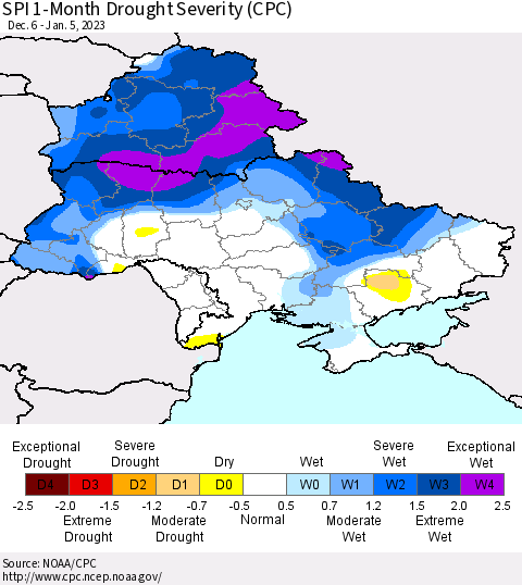Ukraine, Moldova and Belarus SPI 1-Month Drought Severity (CPC) Thematic Map For 12/6/2022 - 1/5/2023