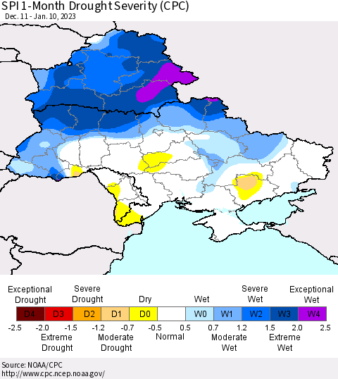 Ukraine, Moldova and Belarus SPI 1-Month Drought Severity (CPC) Thematic Map For 12/11/2022 - 1/10/2023