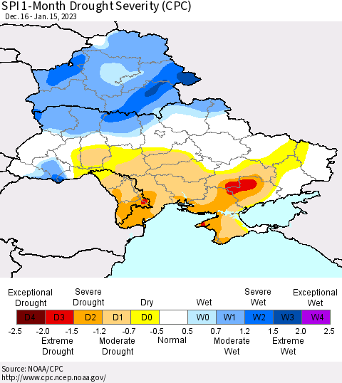 Ukraine, Moldova and Belarus SPI 1-Month Drought Severity (CPC) Thematic Map For 12/16/2022 - 1/15/2023