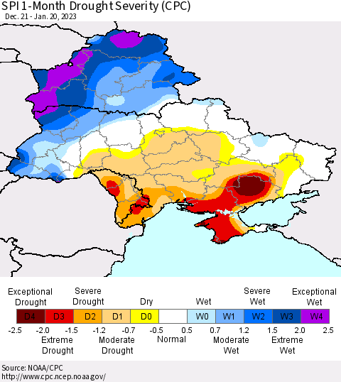 Ukraine, Moldova and Belarus SPI 1-Month Drought Severity (CPC) Thematic Map For 12/21/2022 - 1/20/2023