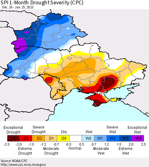 Ukraine, Moldova and Belarus SPI 1-Month Drought Severity (CPC) Thematic Map For 12/26/2022 - 1/25/2023
