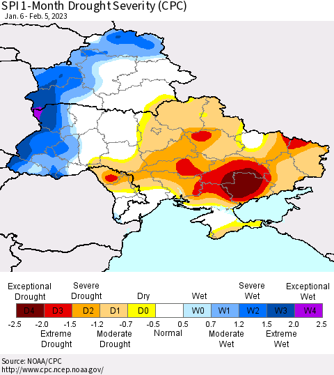 Ukraine, Moldova and Belarus SPI 1-Month Drought Severity (CPC) Thematic Map For 1/6/2023 - 2/5/2023