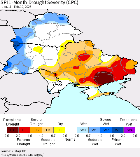 Ukraine, Moldova and Belarus SPI 1-Month Drought Severity (CPC) Thematic Map For 1/11/2023 - 2/10/2023