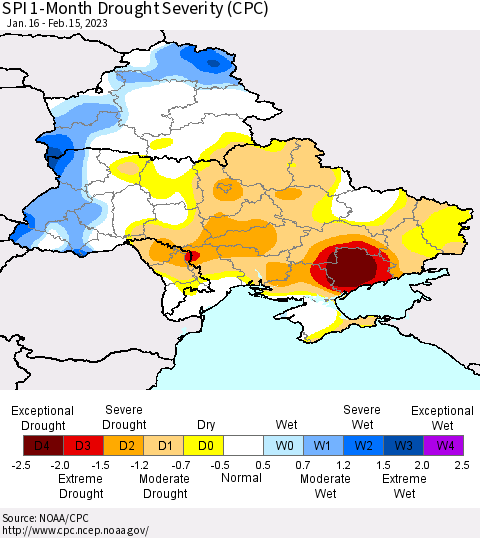 Ukraine, Moldova and Belarus SPI 1-Month Drought Severity (CPC) Thematic Map For 1/16/2023 - 2/15/2023