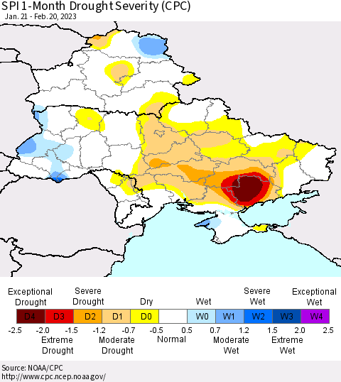 Ukraine, Moldova and Belarus SPI 1-Month Drought Severity (CPC) Thematic Map For 1/21/2023 - 2/20/2023