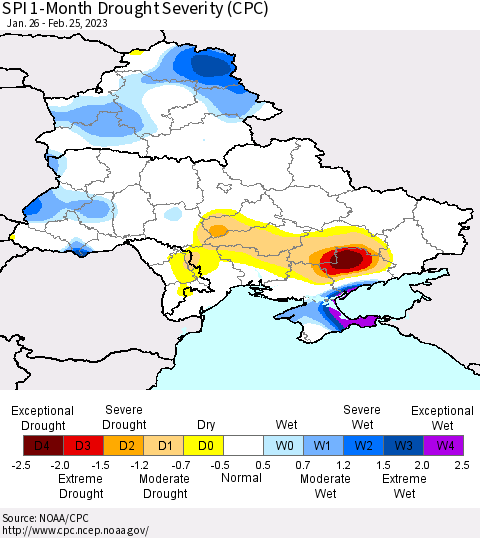 Ukraine, Moldova and Belarus SPI 1-Month Drought Severity (CPC) Thematic Map For 1/26/2023 - 2/25/2023