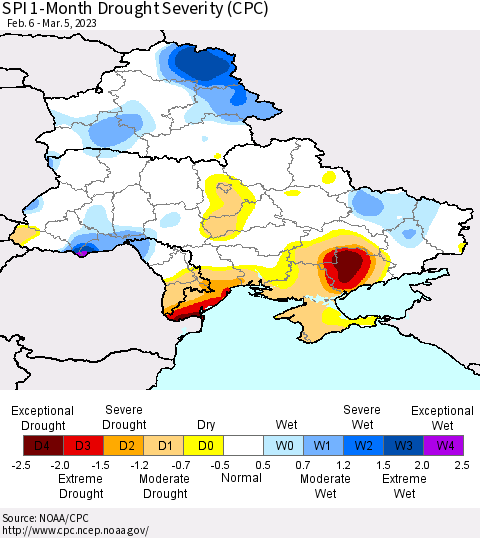 Ukraine, Moldova and Belarus SPI 1-Month Drought Severity (CPC) Thematic Map For 2/6/2023 - 3/5/2023