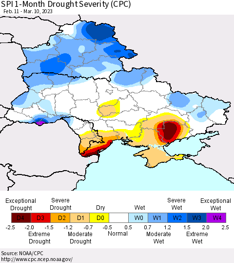 Ukraine, Moldova and Belarus SPI 1-Month Drought Severity (CPC) Thematic Map For 2/11/2023 - 3/10/2023