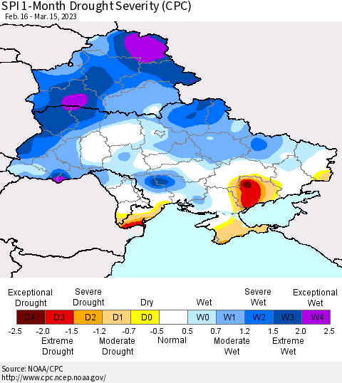 Ukraine, Moldova and Belarus SPI 1-Month Drought Severity (CPC) Thematic Map For 2/16/2023 - 3/15/2023