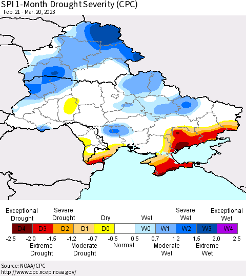 Ukraine, Moldova and Belarus SPI 1-Month Drought Severity (CPC) Thematic Map For 2/21/2023 - 3/20/2023