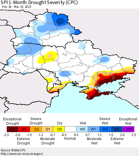Ukraine, Moldova and Belarus SPI 1-Month Drought Severity (CPC) Thematic Map For 2/26/2023 - 3/25/2023