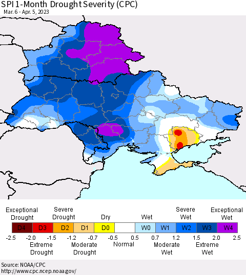 Ukraine, Moldova and Belarus SPI 1-Month Drought Severity (CPC) Thematic Map For 3/6/2023 - 4/5/2023