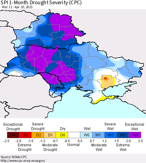 Ukraine, Moldova and Belarus SPI 1-Month Drought Severity (CPC) Thematic Map For 3/11/2023 - 4/10/2023