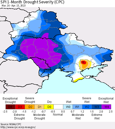 Ukraine, Moldova and Belarus SPI 1-Month Drought Severity (CPC) Thematic Map For 3/16/2023 - 4/15/2023