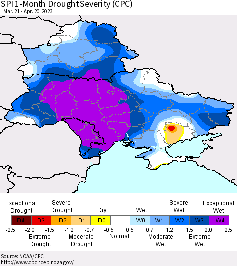 Ukraine, Moldova and Belarus SPI 1-Month Drought Severity (CPC) Thematic Map For 3/21/2023 - 4/20/2023