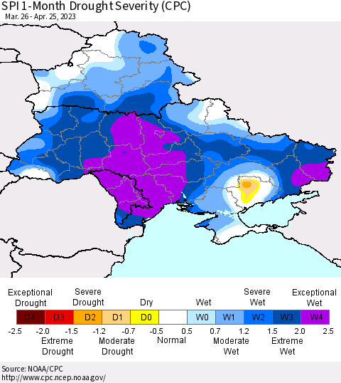 Ukraine, Moldova and Belarus SPI 1-Month Drought Severity (CPC) Thematic Map For 3/26/2023 - 4/25/2023