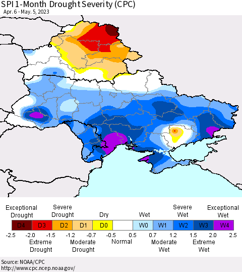 Ukraine, Moldova and Belarus SPI 1-Month Drought Severity (CPC) Thematic Map For 4/6/2023 - 5/5/2023