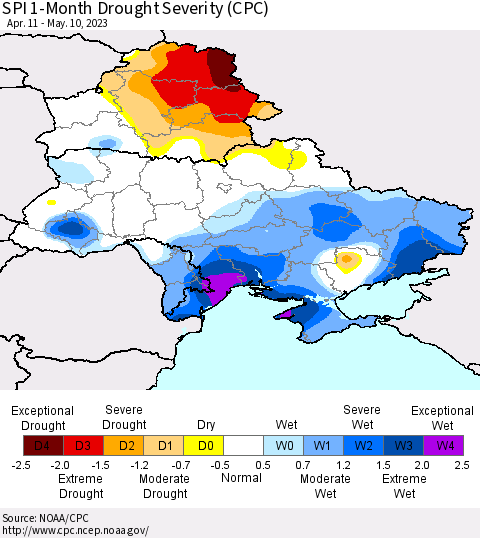 Ukraine, Moldova and Belarus SPI 1-Month Drought Severity (CPC) Thematic Map For 4/11/2023 - 5/10/2023