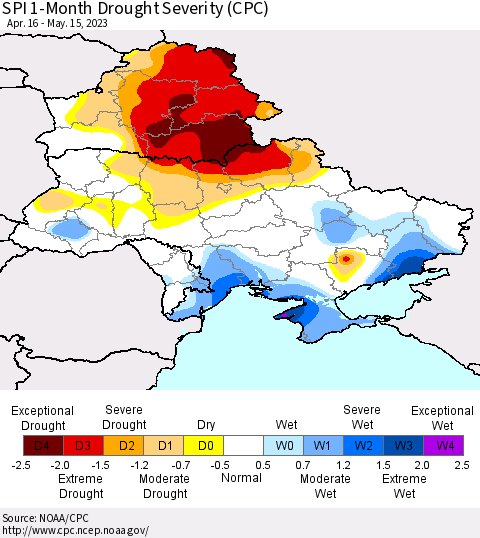 Ukraine, Moldova and Belarus SPI 1-Month Drought Severity (CPC) Thematic Map For 4/16/2023 - 5/15/2023