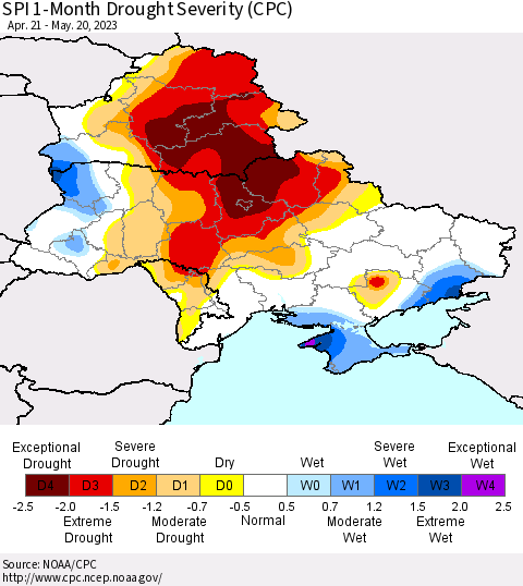 Ukraine, Moldova and Belarus SPI 1-Month Drought Severity (CPC) Thematic Map For 4/21/2023 - 5/20/2023