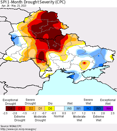 Ukraine, Moldova and Belarus SPI 1-Month Drought Severity (CPC) Thematic Map For 4/26/2023 - 5/25/2023