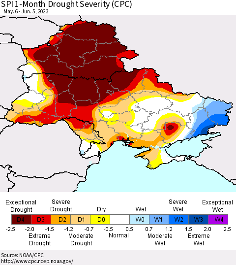 Ukraine, Moldova and Belarus SPI 1-Month Drought Severity (CPC) Thematic Map For 5/6/2023 - 6/5/2023