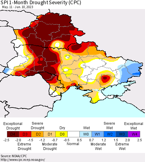 Ukraine, Moldova and Belarus SPI 1-Month Drought Severity (CPC) Thematic Map For 5/11/2023 - 6/10/2023