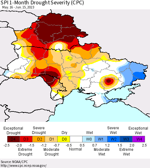 Ukraine, Moldova and Belarus SPI 1-Month Drought Severity (CPC) Thematic Map For 5/16/2023 - 6/15/2023