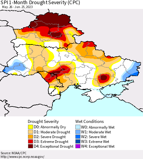 Ukraine, Moldova and Belarus SPI 1-Month Drought Severity (CPC) Thematic Map For 5/26/2023 - 6/25/2023