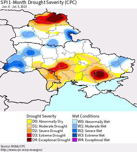 Ukraine, Moldova and Belarus SPI 1-Month Drought Severity (CPC) Thematic Map For 6/6/2023 - 7/5/2023