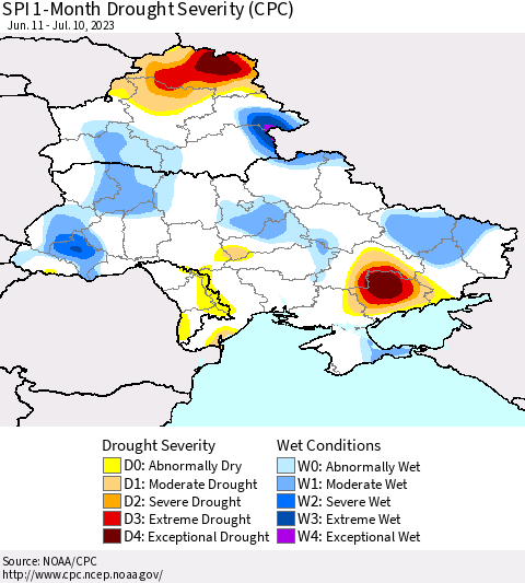 Ukraine, Moldova and Belarus SPI 1-Month Drought Severity (CPC) Thematic Map For 6/11/2023 - 7/10/2023