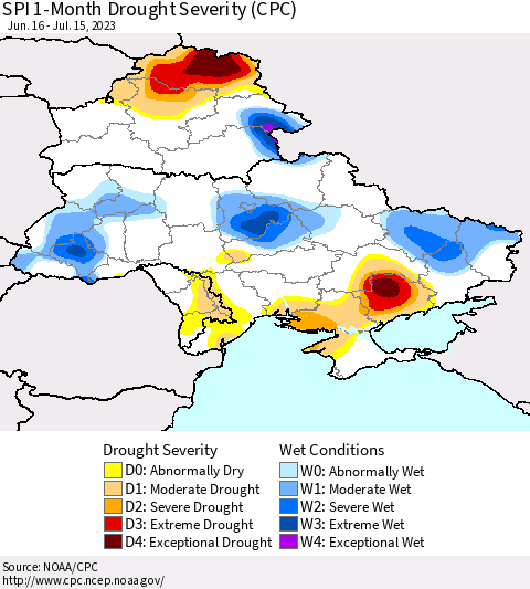 Ukraine, Moldova and Belarus SPI 1-Month Drought Severity (CPC) Thematic Map For 6/16/2023 - 7/15/2023