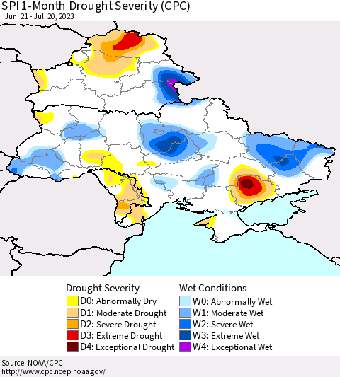Ukraine, Moldova and Belarus SPI 1-Month Drought Severity (CPC) Thematic Map For 6/21/2023 - 7/20/2023