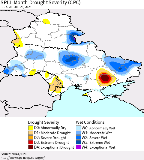 Ukraine, Moldova and Belarus SPI 1-Month Drought Severity (CPC) Thematic Map For 6/26/2023 - 7/25/2023
