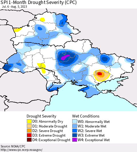 Ukraine, Moldova and Belarus SPI 1-Month Drought Severity (CPC) Thematic Map For 7/6/2023 - 8/5/2023