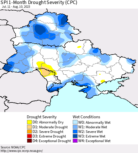Ukraine, Moldova and Belarus SPI 1-Month Drought Severity (CPC) Thematic Map For 7/11/2023 - 8/10/2023