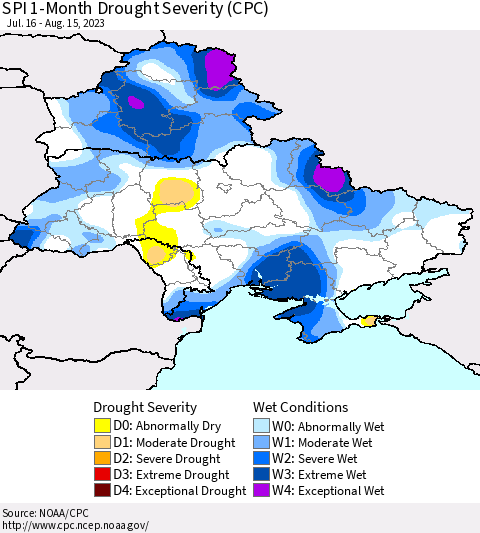 Ukraine, Moldova and Belarus SPI 1-Month Drought Severity (CPC) Thematic Map For 7/16/2023 - 8/15/2023