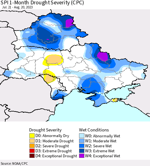 Ukraine, Moldova and Belarus SPI 1-Month Drought Severity (CPC) Thematic Map For 7/21/2023 - 8/20/2023