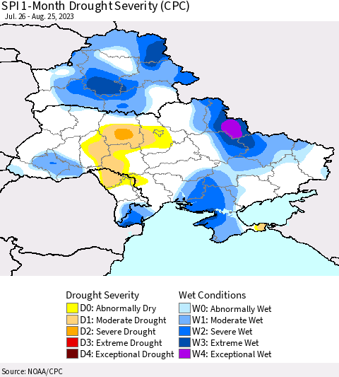 Ukraine, Moldova and Belarus SPI 1-Month Drought Severity (CPC) Thematic Map For 7/26/2023 - 8/25/2023