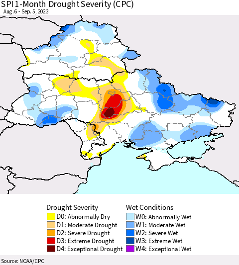 Ukraine, Moldova and Belarus SPI 1-Month Drought Severity (CPC) Thematic Map For 8/6/2023 - 9/5/2023