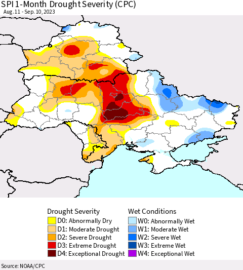Ukraine, Moldova and Belarus SPI 1-Month Drought Severity (CPC) Thematic Map For 8/11/2023 - 9/10/2023