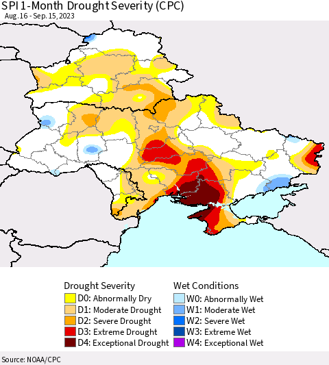 Ukraine, Moldova and Belarus SPI 1-Month Drought Severity (CPC) Thematic Map For 8/16/2023 - 9/15/2023