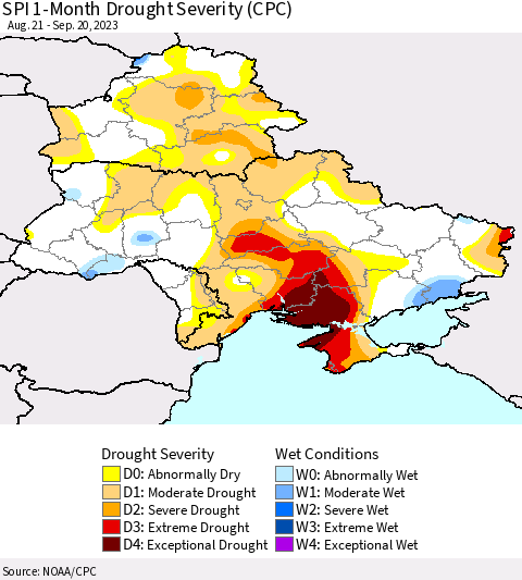 Ukraine, Moldova and Belarus SPI 1-Month Drought Severity (CPC) Thematic Map For 8/21/2023 - 9/20/2023