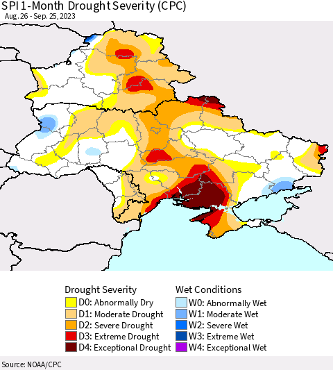Ukraine, Moldova and Belarus SPI 1-Month Drought Severity (CPC) Thematic Map For 8/26/2023 - 9/25/2023