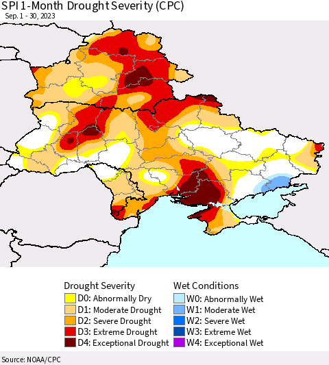 Ukraine, Moldova and Belarus SPI 1-Month Drought Severity (CPC) Thematic Map For 9/1/2023 - 9/30/2023